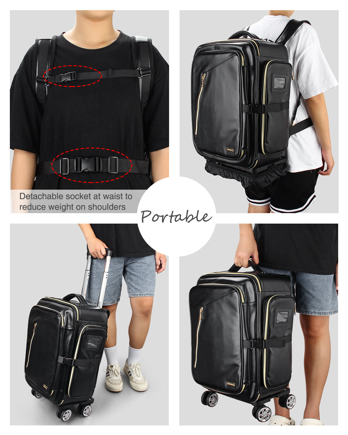 Relavel Leather Backpack Rolling Makeup Trolley Case