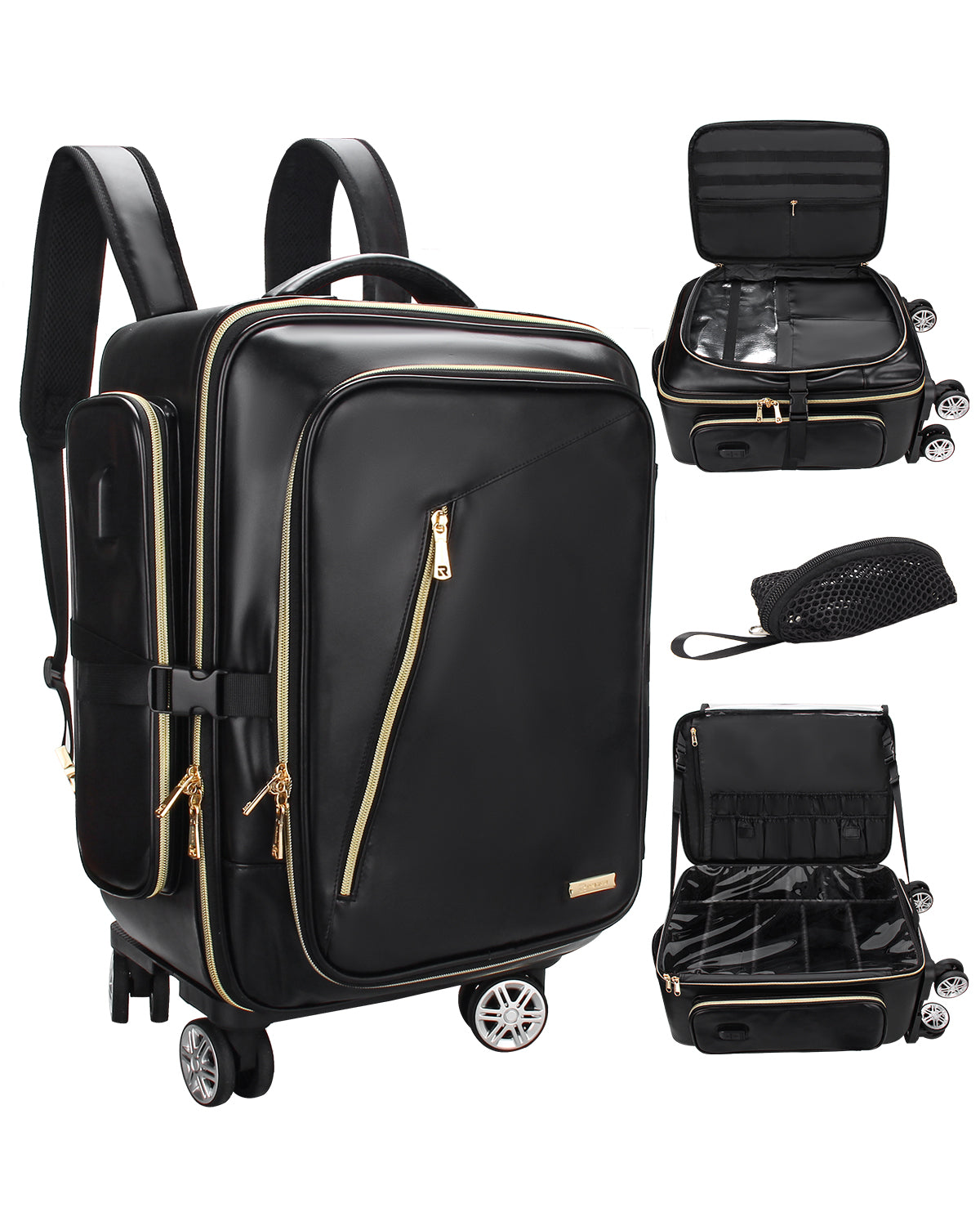 Relavel Leather Backpack Rolling Makeup Trolley Case