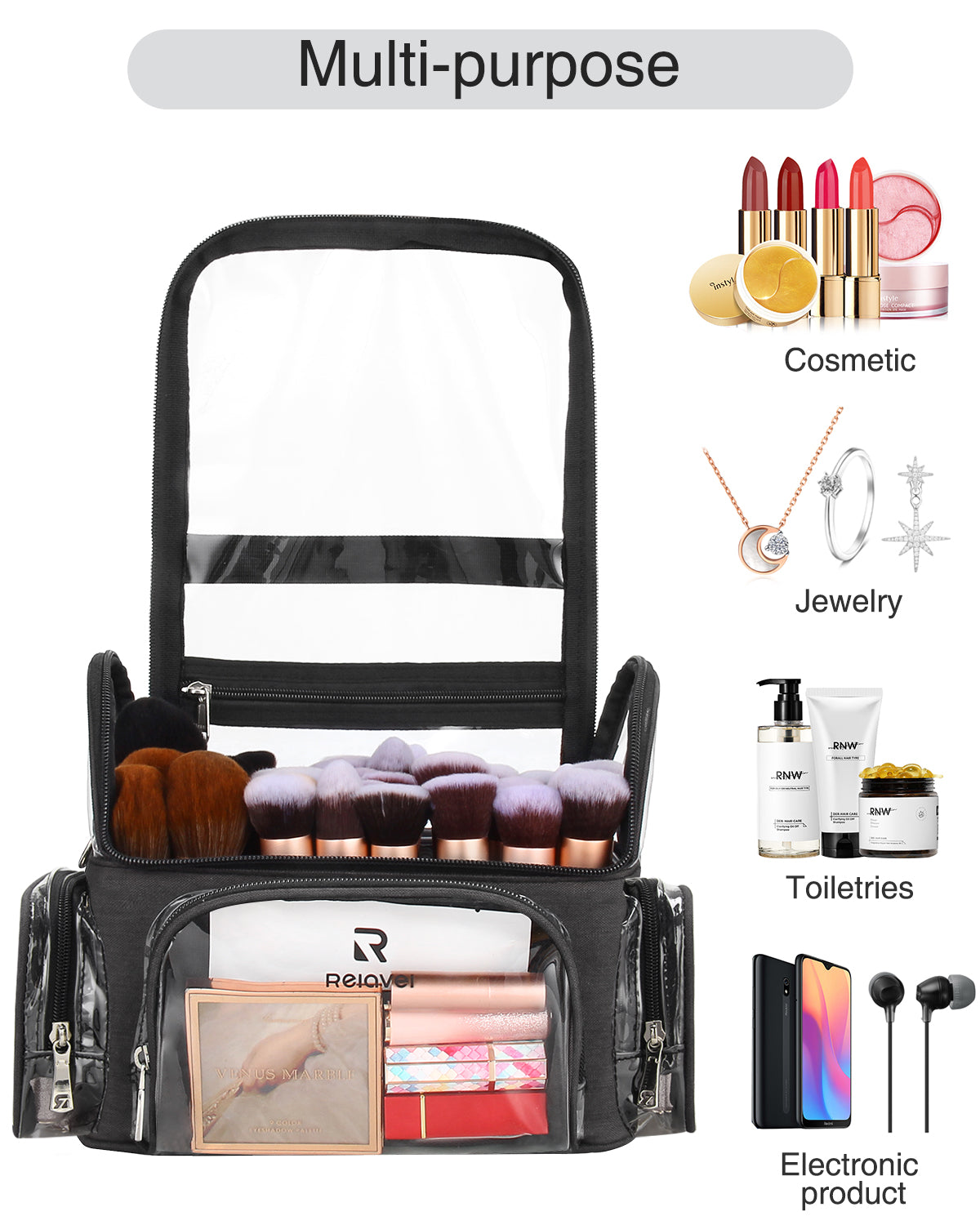 Relavel Large Full Clear Makeup Brush Bag