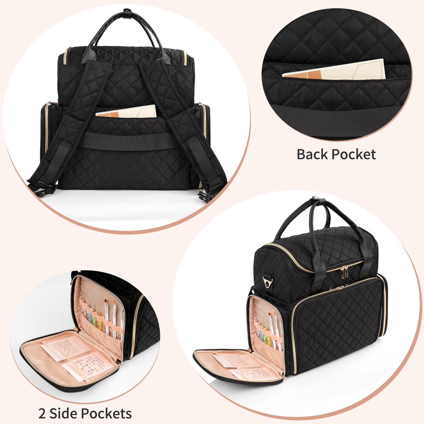 Relavel Black Rhombus Quilted Backpack Nail Polish Bag